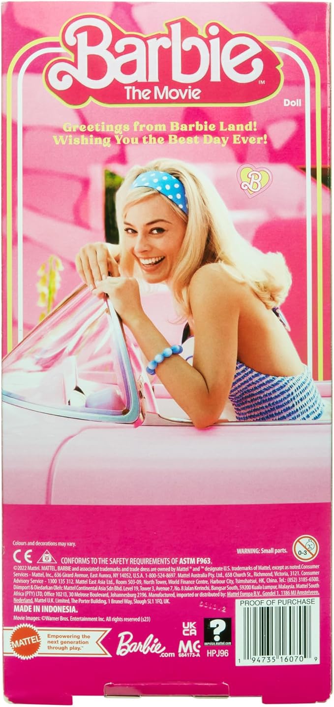 Barbie the Movie Doll, Margot Robbie as, Collectible Doll Wearing Pink and White Gingham Dress with Daisy Chain Necklace