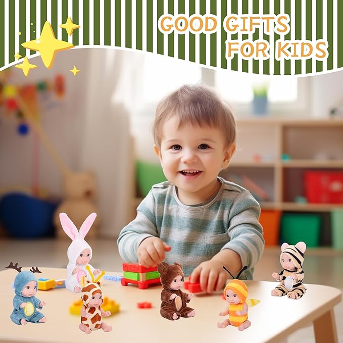 Vueos 6PCS 4inch Mini Dolls Set - Baby Doll with 6 Animal Outfits & Accessories, Reborn Baby Dolls for Kids Role Play, Perfect Birthday for Children Ages 3+