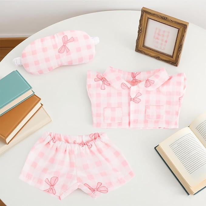 Doll Pajama Clothes Set, Pink Bowknot Top and Pants with Eye Mask Cute Toy Outfits Accessories for 5.9in/15cm-6.7in/17cm Dolls Costume Decoration & Display
