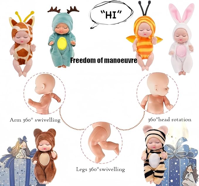 SwankyStyle 6 Pcs Mini Baby Dolls 4 Inch Gift Set, Cute Small Baby Doll Toys with Animal Clothes for Christmas Stockings, or Dollhouse Collections. (Style D)