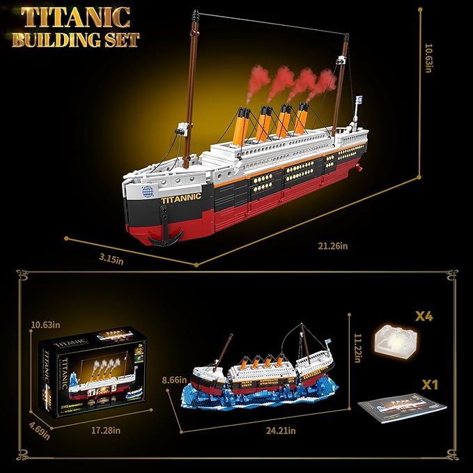 2 in 1 Titanic Building Set, Titanic Big Ship Model Building Kit with Lights Bricks and Glacier, Compatible with Lego for Adults Men, 1928 Pieces STEM Construction Toy for Teens 14+