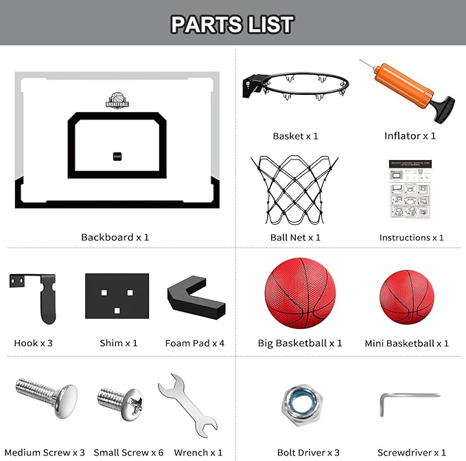 24" x 16" Large Basketball Hoop Indoor for Adults, Over The Door Basketball Hoop with Sturdy Backboard, Big Basketball Toys Gifts Ideas for Man Kids Teens Boys Girls, Black