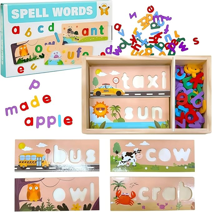 Preschool Learning Activities, Learning Toys for 3 Year Old Boys Girls See & Spell Matching Letter Game with Alphabet Cards for Kids, Preschool CVC Word Builders Toy