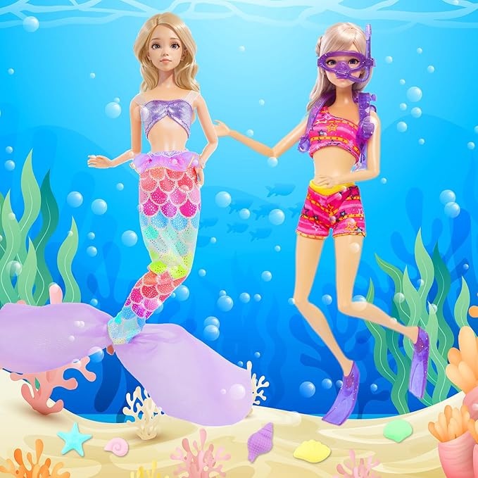 40 Psc Doll Swimsuits Set, Bikini Clothes and Accessories for 11.5 inch Girl Doll Beach Bathing Outfits, Fishtail Skirt, Beach Chair, Skateboard, 10 Pairs Shoes, Diving Suit and More