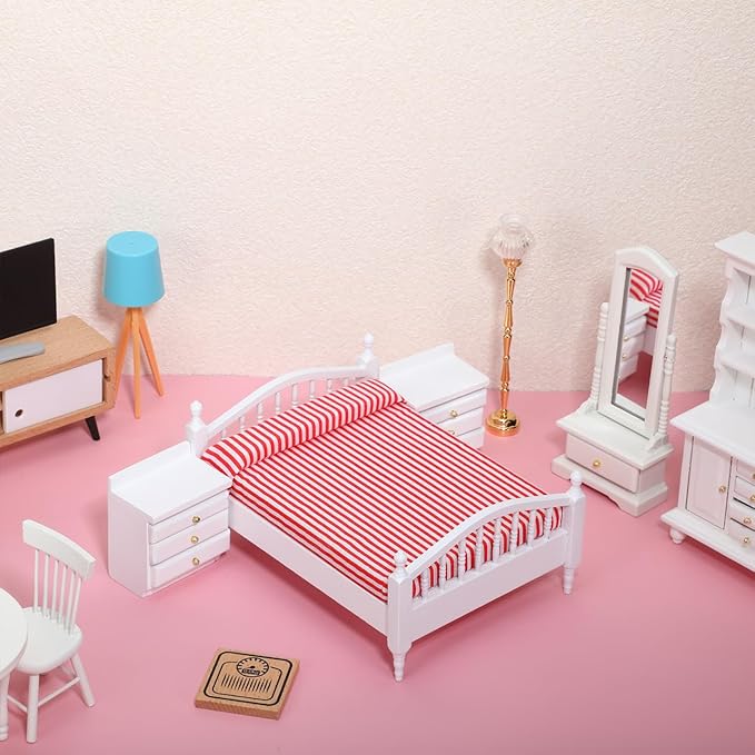 Miniature Furniture Pink Double Bed Synthetic Material 1: 12 Dollhouse Furniture Baby Doll Accessories Set for Decoration Kids Room