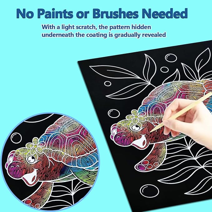 JUNQIU Scratch Art for Kids, Rainbow Scratch Paper Art Set - Ocean, Arts and Crafts for Girls Boys Ages 4-8, Kid Activity & Christmas Crafts, Stocking Stuffers for Kids