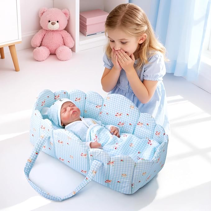BABESIDE 3 Pcs Baby Doll Bassinet with Bedding Set for 17-22 Inch Babydolls, Cute Puppy Print Baby Dolls Crib Dolls Bed with Pillow Blanket for Reborn Baby Doll Accessories, Blue