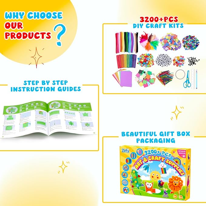 Zefy 3200+ Pcs Crafts Supplies and 650 Pcs Wax Craft Sticks