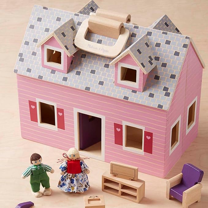 Melissa & Doug Fold & Go Wooden Dollhouse with 2 Dolls and 11 Pieces of Furniture - Portable Mini Doll House with Accessories and Toy Figures, Ages 3+