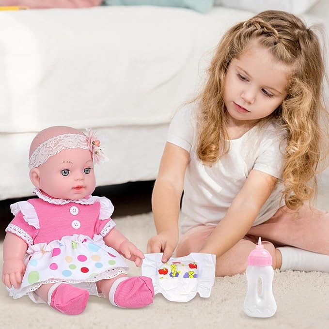 DONTNO 12 Inch Baby Doll with Bassinet Bed,Reborn Alive Doll Includes Clothes and Accessories,Bottles,Nipple,Diaper,Burp Cloth,First Baby Dolls for Toddlers 36 Months and Up