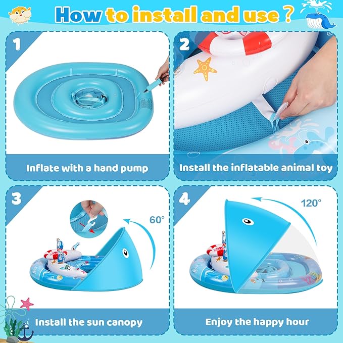 Baby Pool Float with Canopy, Baby Swim Float with UPF50+ Sun Protection Canopy and Toy Play Console, Inflatable Baby Float & Swimming Float with Adjustable Safety Seat for 6-36 Months