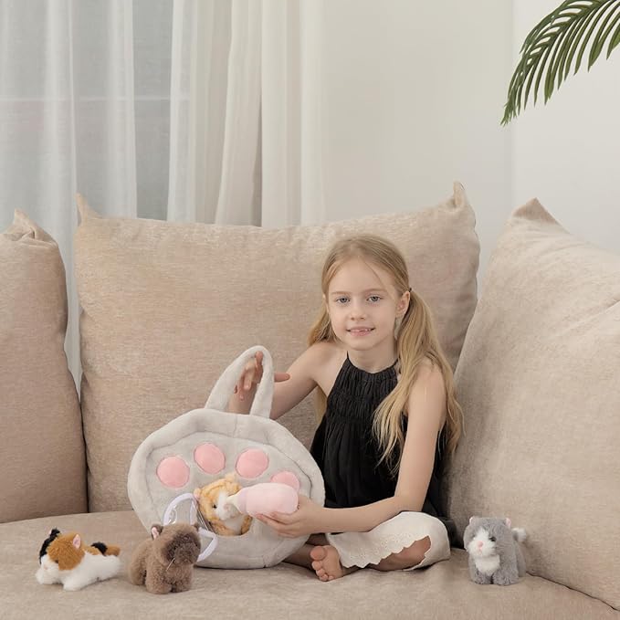 Tezituor 7Pcs Cat Stuffed Animal Set,Plush House with 4 Soft Realistic Kitten Toys,Cats Plushies for Kids Christmas Birthday Halloween Pet Gift ā Interactive & Travel-Friendly Kitties Carrier Playset