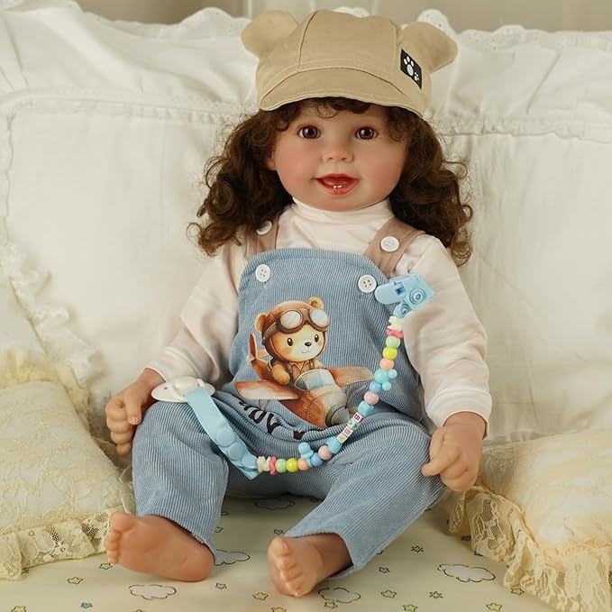 BABESIDE 4 Pcs Reborn Baby Doll Clothes Set for 17-22 Inch Babydolls, Cute Bear Doll Overalls Set with Hat and Dolls Pacifier Clip Chain for Realistic Baby Dolls, Blue