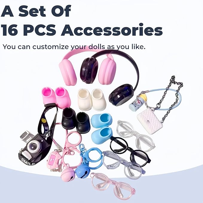 16 Pcs Doll Accessories Set Specially Designed for 15-17cm Doll Clothing, Includes 2 Headphones, 4 Glasses, Camera, Bag, Water Bottle, Console, 2 Bells, 4 Shoes with Multi-Color Display Options