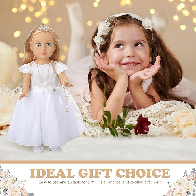 RoundFunny 7 Pcs 18 Inches American Doll Clothes Outfit First Communion Dress with Matching Headband Veil Bracelet Shoes Socks Necklaces Fit 18 Inches Dolls, Doll Not Included(Crown)
