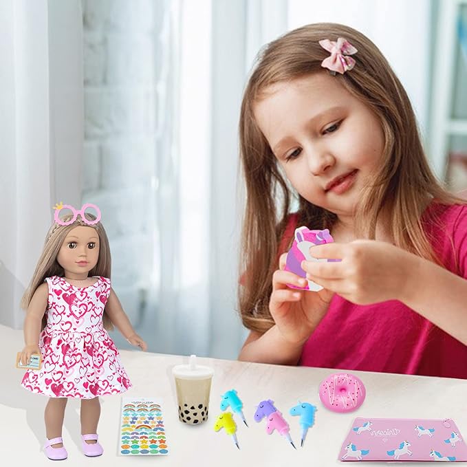 BDDOLL Doll Clothes and Accessories School Supplies Playset for 18 Inch Girl Doll with Doll Clothes,School Bags, Student Cards, Glasses, Pencils, calculators, Scissors, notebooks, etc