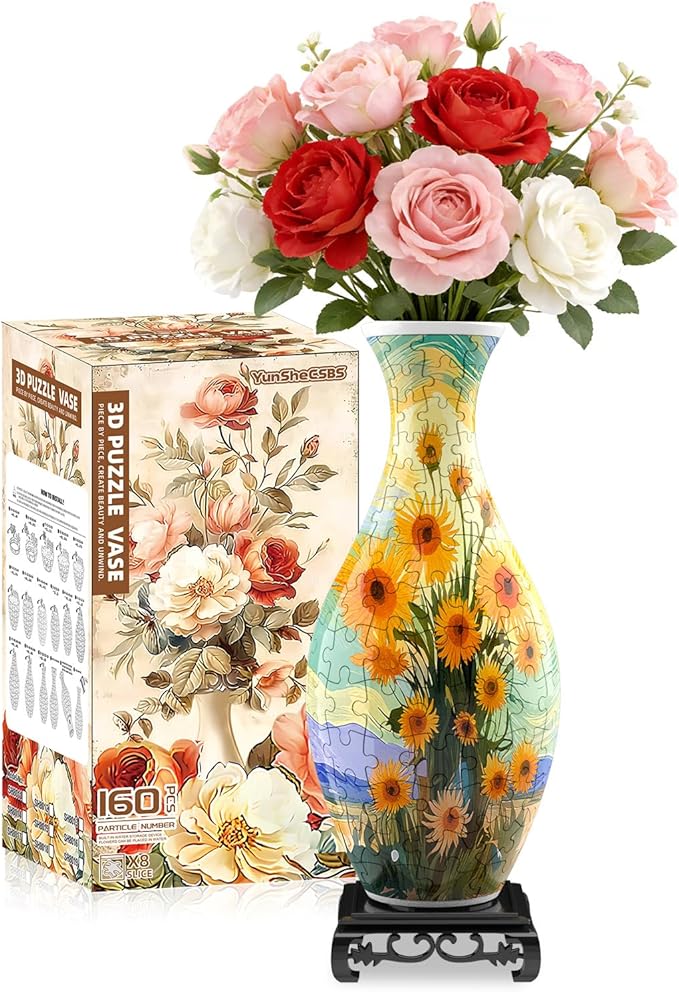 3D Puzzles Vase for Adults, Crafts for Adults, 160 Pieces Plastic DIY Unique Flower Vase with LED Light House Warming Gift Birthday Gifts for Flower Arrangements and Home Decor (Sunflowers)