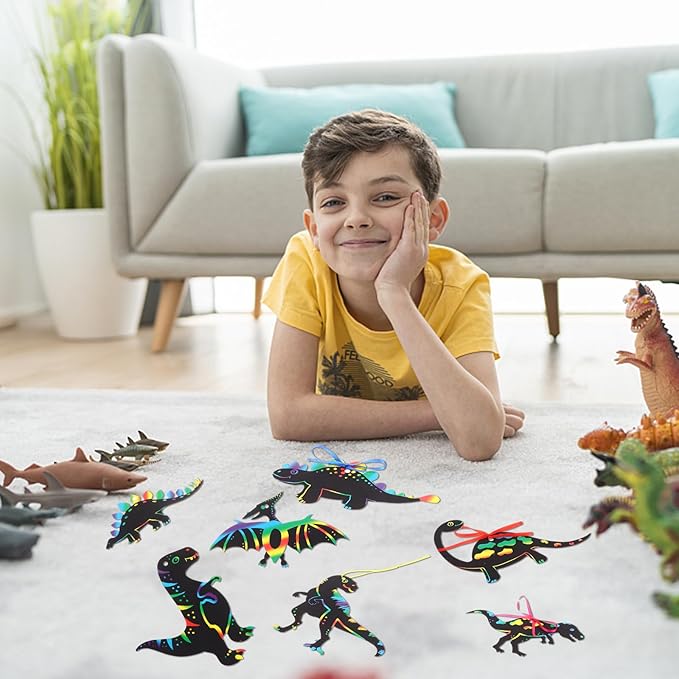 Droutti 64 Sets Dinosaur Theme Scratch Cards Rainbow Scratch Paper Dinosaur Crafts Art Card Kit DIY Scratch Dinosaur Paper with Wood Stylus and Ribbon for Classroom Craft Birthday Party Supplies