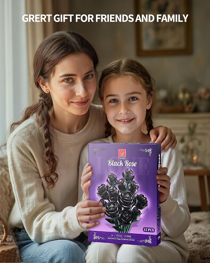Black Roses Flowers Building Sets, Artificial Bouquet Botanical Collection Building Blocks for Adults, Gothic Home Decor, Christmas Birthday Gift for Adults Women, Girls Age 8-12 (512Pcs)
