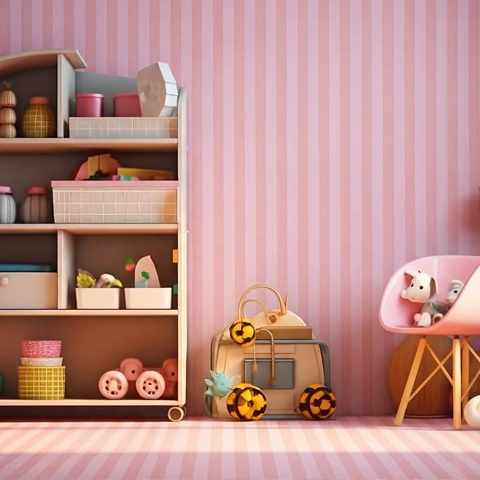 Flutesan 12 Pcs Miniature Dollhouse Wallpaper and Flooring Peel and Stick Mini DIY Self Adhesive Dollhouse Accessories 8.27 x 11.69 Inch (Pink Stripes)