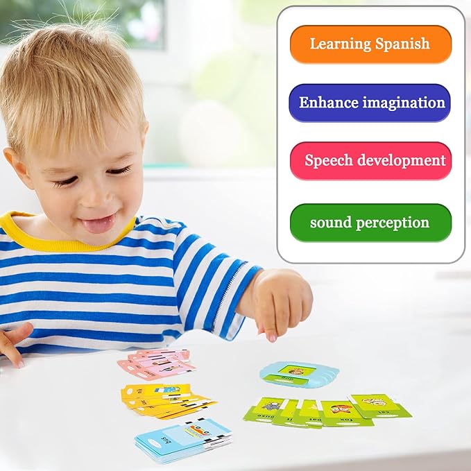 Startcan Spanish & English Talking Flash Cards for Toddlers 1 2 3 4 5 6, Audible Toys for Kids to Learn Spanish - 258 Cards and 516 Words(Blue)