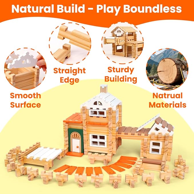Jovi-mindly&Notchies New 206 PCS Wooden Blocks Wooden Toys with House and Car, Preschool Learning Toys Wood Blocks Building for Kids Ages 4-8 Creative Construction Game,Easter Toys Gifts