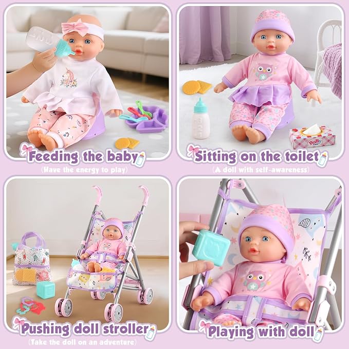Baby Doll with Stroller Set for Realistic Pretend Play for 3 4 5 6 7 Year Old Toddler Girls Gifts. Baby Stroller Toys includes 12.5-inch Baby Dolls, 2 sets Doll Clothes and 17 PCS Doll Accessories