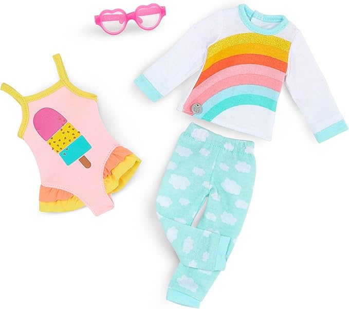 Glitter Girls – 14-Inch Doll Clothes & Accessories– Suitcase & Fashion Set – Luggage with 3 Mix & Match Outfits & Heart Glasses – Rainbow Pajama, Swimsuit, Star – Print Dress – 3+ Years