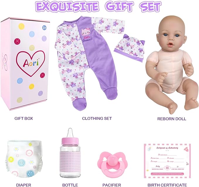 Aori Reborn Baby Dolls- 18'' Realistic Newborn Baby Doll with Feeding Set & Birth Certificate - Lifelike Real Life Baby Dolls for Role Play, Gift for Kids Ages 3+, Pre-Parents, Grand-Parents
