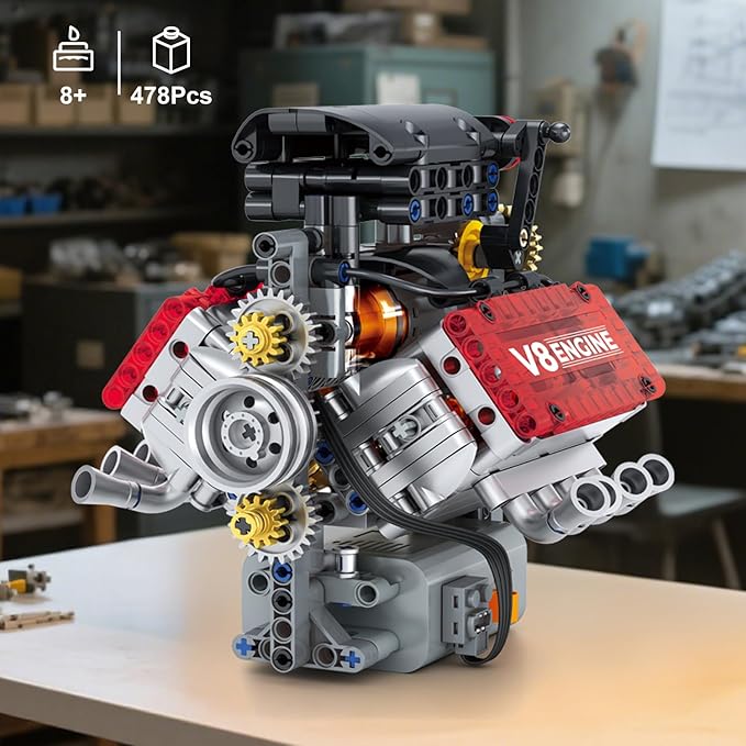 V8 Engine Building Set,V8 Engine Model kit that Run,Build Your Own STEM Mini V8 Model Engine Kit with Battery and Motor,8-Cylinder Car Engine Building Engineering Toys for Kids Adults(478PCS)