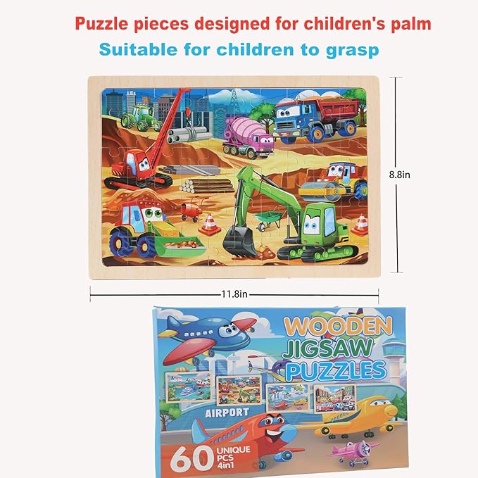 Wooden Puzzles Vehicle Toys for Kids Ages 3-5, Set of 4 Packs with 60-Piece Wood Jigsaw Puzzles, Preschool Educational Brain Teaser Boards for Boys an
