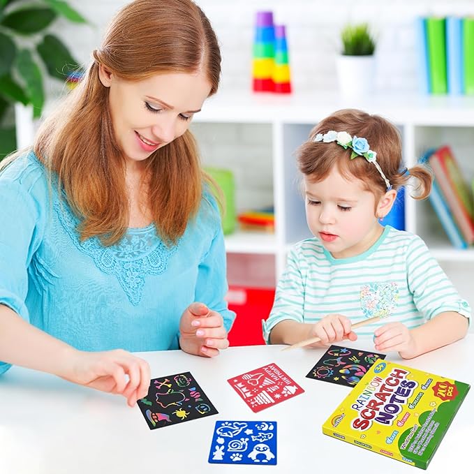 TMTECHJS 200 PCS Rainbow Scratch Paper Scratch Art for Kids Mini Notes with Stencils for Girls Boys Teens Rainbow Notebook Arts and Crafts Students School Birthday Party Travel Favors Supplies