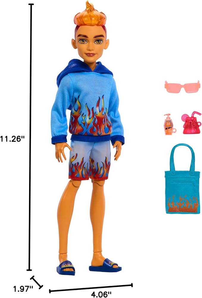 Monster High Scare-adise Island Heath Burns Doll with Flame Hoodie, Swim Trunks & Beach Accessories Like Sunglasses