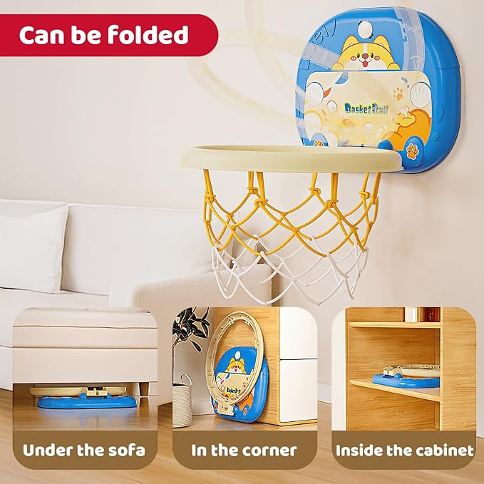 Basketball Hoop for Toddlers 1-3, Mini Indoor Basketball Hoop with Scorer, Easter Basket Stuffers for Toddler, Foldable Suction Cup Door Mount Toy, Inflatable Ball & Pump, Kids Easter Gift 2-4 Year