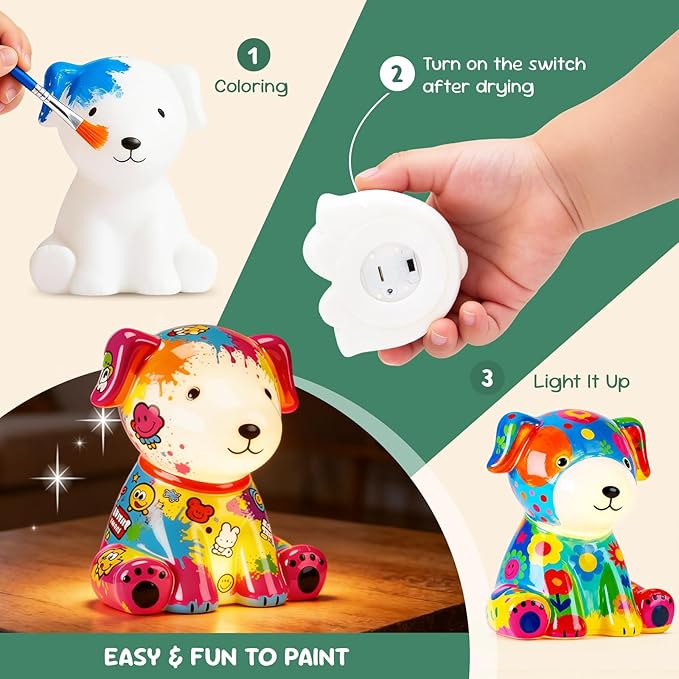 2PCS Paint Your Own Dog Lamp,DIY Dog Night Light,Art Craft Painting Kits for Girls Boys Kid Age 4 5 6 7 8 9 10 11 12+, Art Supplies Creative Gifts for Birthday, Easter,Halloween, Christmas Party