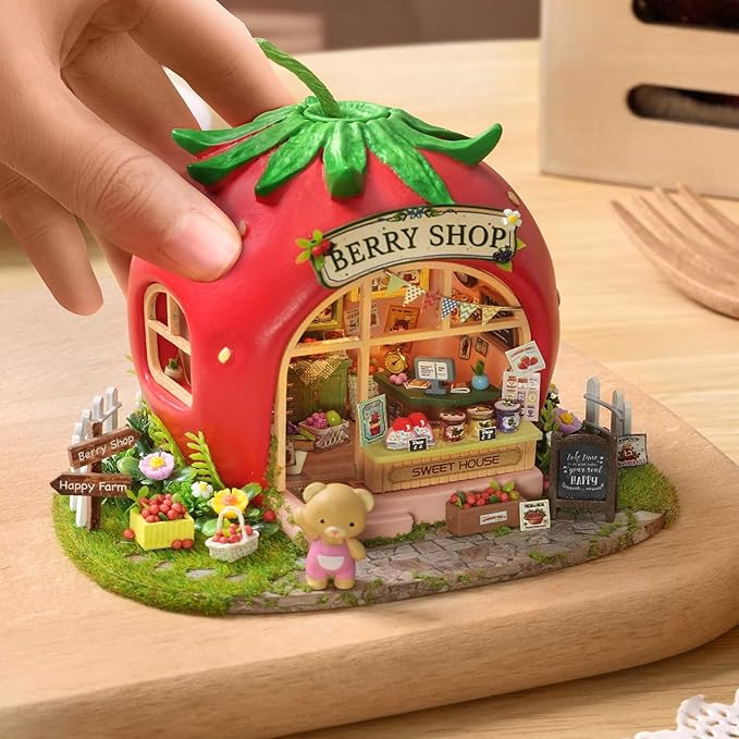 TuKIIE DIY Miniature House Kit with Furniture, 1:100 Scale Creative Room Mini Wooden Dollhouse Book Nook for Kids Teens Adults(Berry Shop)