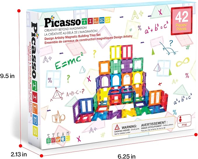 PicassoTiles 42pcs Magnetic Tiles Magnet Blocks See-Through Shape STEM Toys Building Block Educational Playset Compatible with Major Brand Tile -Starter Set for Boys and Girls Toddlers Ages 3+ PT42