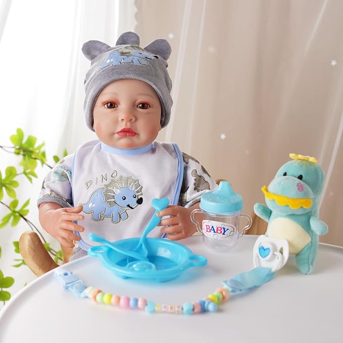 BABESIDE Baby Doll Accessories for 17-22 Inch Dolls – 18 Piecs Dinosaur Reborn Baby Doll Accessories Set with Baby Doll Clothes, Backpack, Feeding Set, Birthday Gift for Boys & Girls