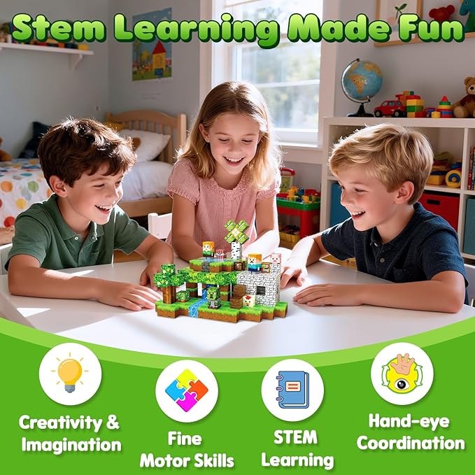 Magnetic Blocks, 150PCS Magnetic Building Blocks, Stacking Magnets for Kids, Sensory Toy for STEM Constructions Magnet Blocks for Boys Girls Age 3+, Christmas Birthday Gifts, Green Villager Forest