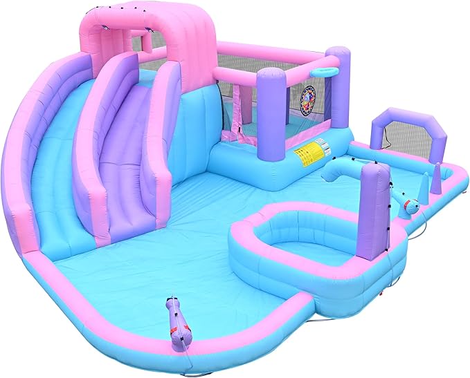10-in-1 Inflatable Water Slide for Kids Giant 19.3Ft x 16.6Ft Backyard Water Park with Dual Slides, Deep Pool, Outdoor Bounce House Water Slide with Sports Zone, Includes 850W Blower