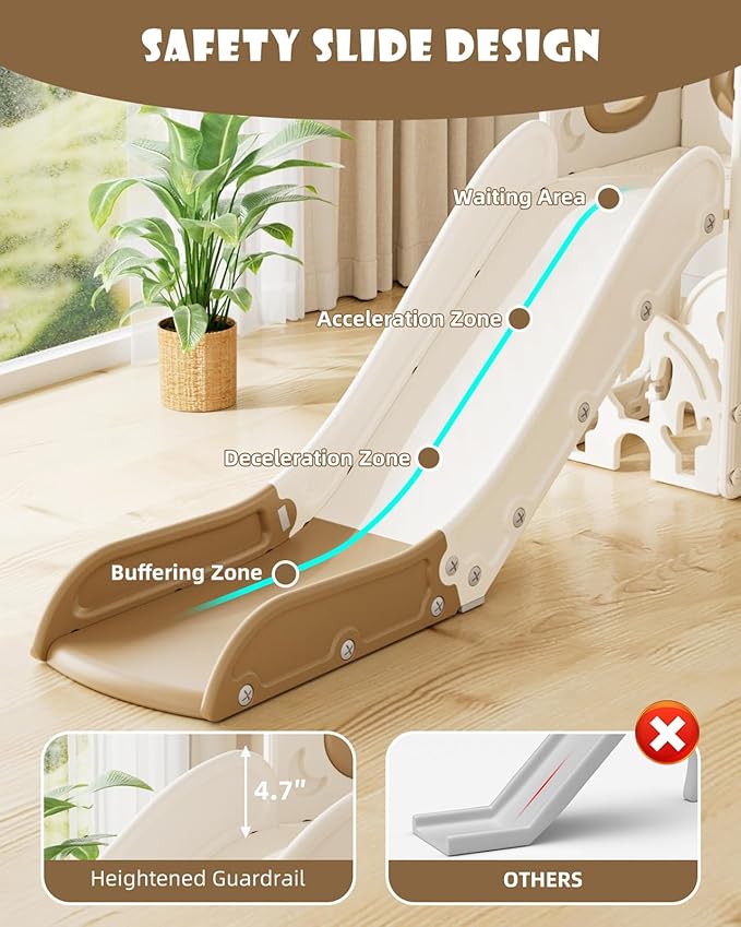 XJD 7 in 1 Toddler Slide, Kids Indoor Slide for Toddlers 1-3, New Upgrade with Golf, Basketball Hoop for Indoor Outdoor Playset, Birthday Gifts for Toddler (White Brown)