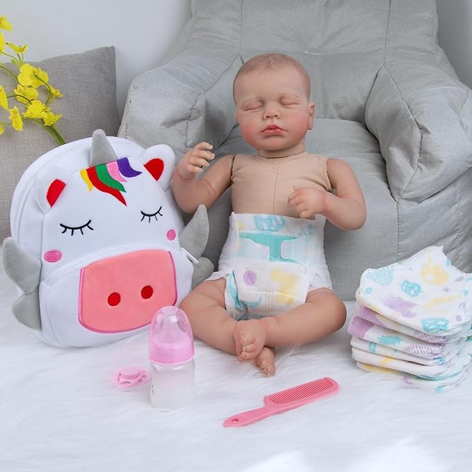 10 Pcs Reborn Baby Doll Diaper Bag Feeding and Caring Set for 17-24 Inch Reborn Dolls Accessories Newborn Baby Gift with Unicorn Backpack Pacifier Bottle Comb