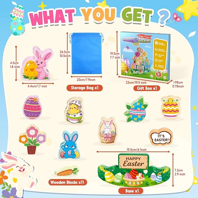 Easter Basket Stuffers Gifts for Kids Toddler Easter Toys 11 Pcs Wooden Stacking Blocks Toy for 3 4 5 6 7 8 9 10 Year Old Boys Girls Kid Balance Competition Games for Ages 5-7 Toddlers Gift