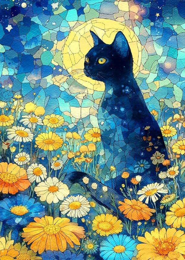 Moonlit Black Cat Stained Glass Mosaic 1000 Piece Puzzle for Adults - Artistic Cat, Wildflowers & Full Moon, Poster & Lettered Back, 20"x28" HD, Gift for Cats & Art Lovers