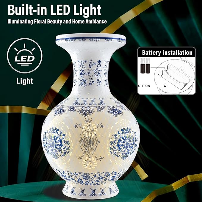 3D Puzzle Vase for Adults with LED Light, 200 Curved Pieces DIY Flower Vase Craft Kit, Creative Jigsaw Art Project Home Décor Centerpiece (C-Blue & White Grand)