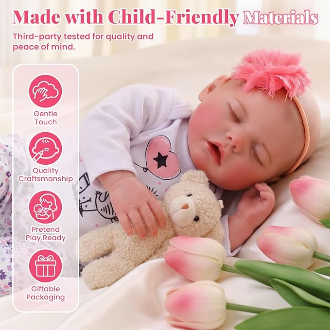 BABESIDE Drink and Wet Reborn Baby Dolls – 17 Inch Realistic Full Body Soft Vinyl Baby Doll, Can Drink & Pee, Real Life Sleeping Baby Doll Girl with Care Accessories, Gift for Kids Age 3+