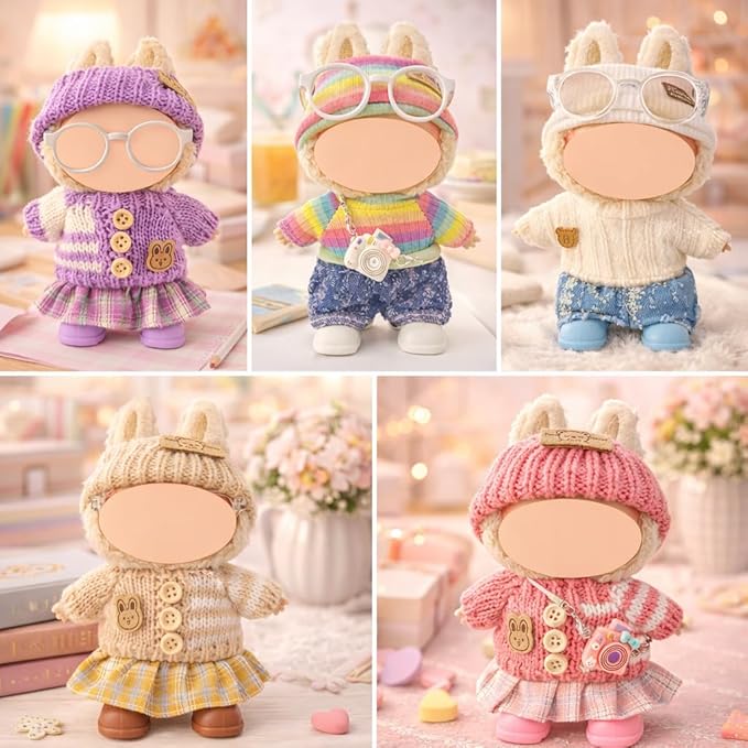 Ezcora 17cm Doll Clothes Outfit Set, 5 Cozy Knit Outfits with Hats, Skirts, Shorts and Doll Accessories, Perfect for Play and Display, Doll Accessories for Collectors (No Dolls)