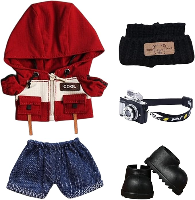 Outdoor Windbreaker Clothes Sets for Doll 15cm/17cm Sporty Outfits - Knit Hat, Jacket, Pants, Shoes & Detachable Mini Camera, Hiking/Camping/Snow Play Clothing for Mini Figures - Red