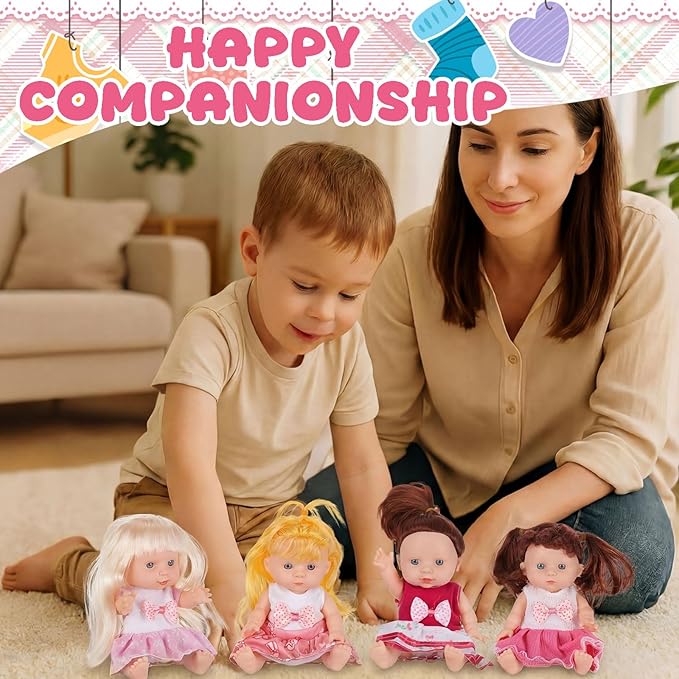 Halloscume 7 Inch Mini Baby Mini Reborn Doll Vinyl Full Body Lifelike Dolls Baby with Weighted Cloth Reborn Gift Set for Kids, Gifts for Christmas Kids(4 Pcs,Long Hair)