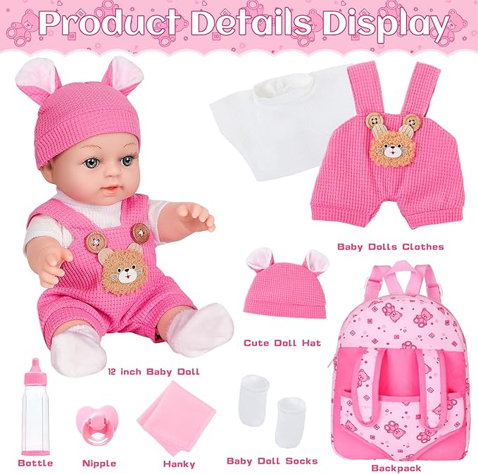 12" Baby Doll With Bear Pattern Backpack Carrier In Gift Box,12 Inch Realistic Baby Dolls With Clothes And Accessories Hanky Pacifier Bottle Pretend Baby Care Toy Collection For Child Toddler 3+ Gifts